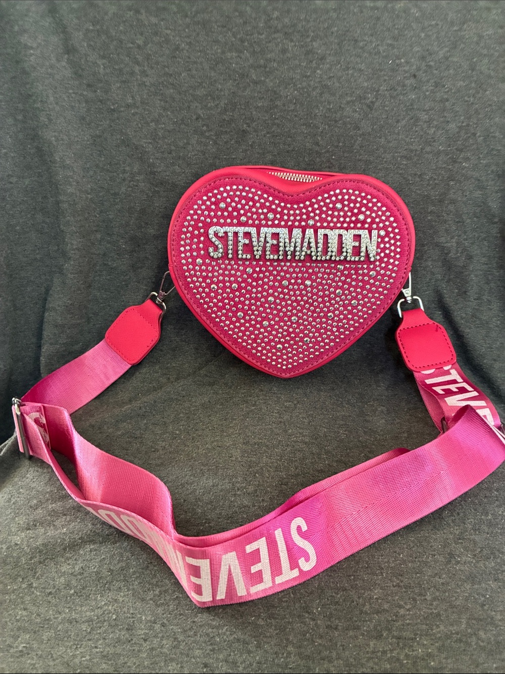 Steve Madden Hot Pink Heart Crossbody Bag with Rhinestones